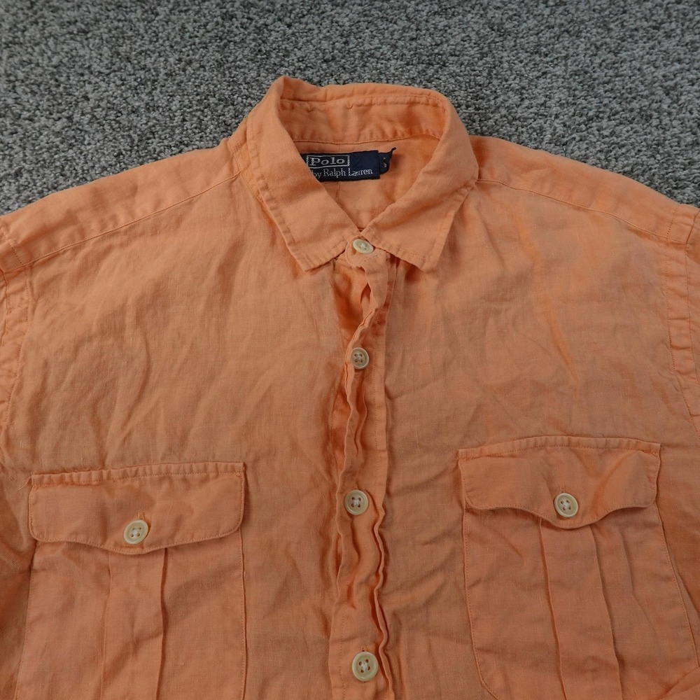VTG Polo Ralph Lauren‎ Shirt Mens M Orange Linen Chambray Long Sleeve Button Up